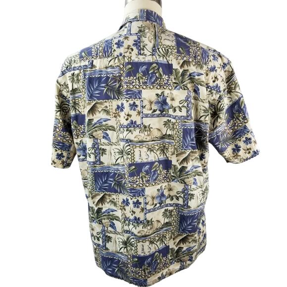 Pierre Cardin Blue Green Tan Tropical Hawaiian Short Sleeve Vintage Shirt Mens L - Picture 2 of 3